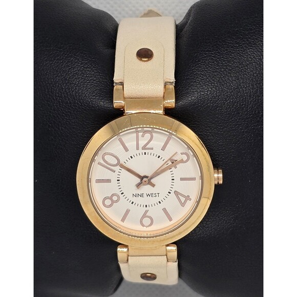 Nine West Accessories - Women's Nine West Casual Round Rose Gold Tone Case Cream Leather Strap Watch 13